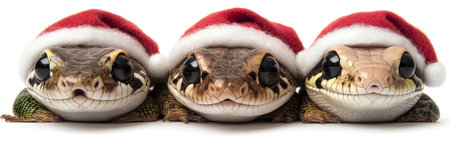 Three Cute Lizards Wearing Santa Hats, Isolated on White for Festive Holiday Banner, Card, Header.の素材