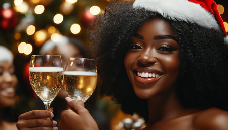 Friends Celebrating Christmas, Enjoying Sparkling Drinks And Laughter With Warm Bokeh Lightsの素材