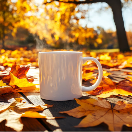 White Coffee Mug on Rustic Wooden Table with Vibrant Autumn Leaves, Embracing Cozy Seasonの素材