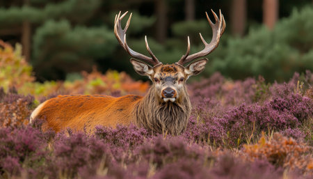 Majestic Red Deer Stag with Large Antlers Standing in Autumn Heather Blooming Landscapeの素材