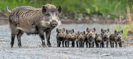 Protective Wild Boar Mother Stands Guarding Her Seven Adorable Piglets on a Dirt Pathの素材