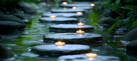 Tranquil Waterway Lit by Romantic Candles, Creating a Peaceful Oasis for Meditation and Relaxationの素材