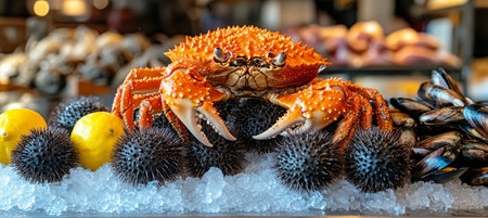 Fresh Cooked Red Crab on Ice With Sea Urchins Mussels and Lemon, Delicious Seafood mealの素材