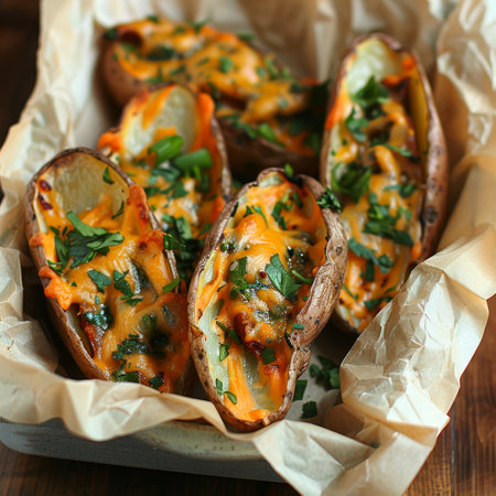 Overhead View of Cheesy Potato Skins with Green Onions A Crowd-Pleasing Game Day Appetizerの素材
