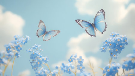 Two Blue Morpho Butterflies in Flight Over a Field of Delicate Blue Forget-Me-Nots, Summer Meadowの素材