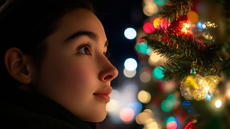 Christmas Contemplation Young Womans Peaceful Gaze, Twinkling Ornaments, Festive Lightsの素材