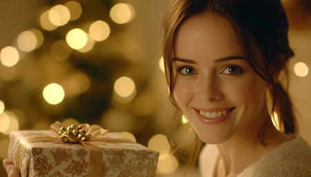 Beautiful Young Woman Holding Christmas Gift, Golden Wrapping Paper, Festive Bokeh Lights Backgroundの素材