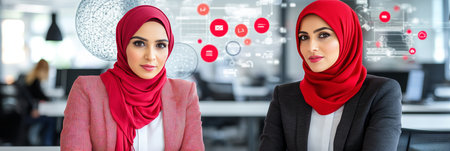 Two Confident Businesswomen in Hijab, Modern Office Environment with Abstract Digital Overlaysの素材