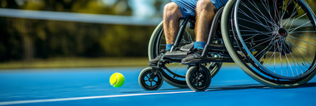 Wheelchair Tennis Player in Action on Outdoor Court with Blurred Background of Net and Treesの素材