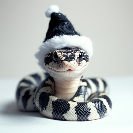 Cute Snake Wearing a Santa Claus Hat. Isolated on White. Christmas, New Years Greeting Cardの素材