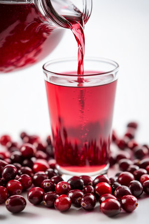 Vivid cranberry juice cascading from a pitcher into a glass cup with fresh cranberries nearbyの素材