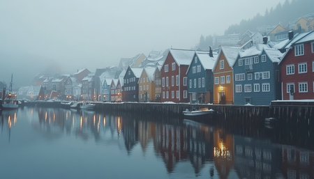 Colorful Wooden Houses Reflected on Water in Norwegian Coastal Town during Winter, Scenic Europe.の素材