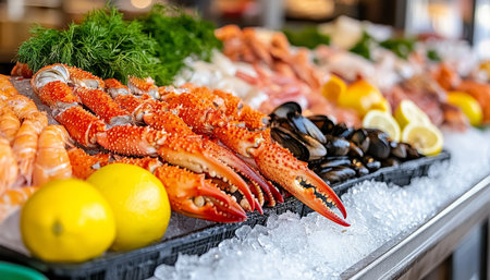 Fresh Seafood on Ice A Vibrant Display of Crab Legs, Shrimp, Mussels, and Lemons at a Marketの素材