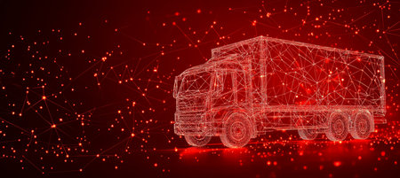Red Abstract Delivery Logistics Truck Transportation, Connectivity, Digital background Banner.の素材