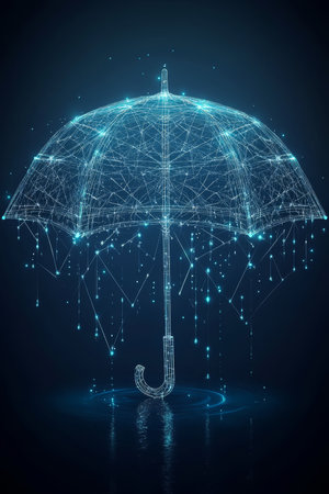 Wireframe Umbrella Protecting Data From Falling Binary Code Rain. Cybersecurity Concept.の素材
