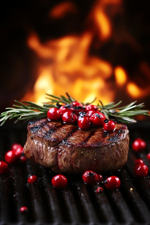 Sizzling Grilled Beef Steak with Cranberry Sauce, Rosemary, on Fire Background for Restaurant Menuの素材