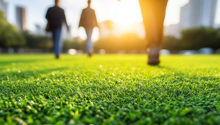 People Walking on Lush Green Grass, Enjoying a Sunny Day in the Park Concept a Healthy Lifestyleの素材