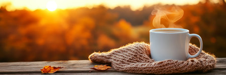 Steaming Coffee Mug and Warm Knit Scarf on a Rustic Table with Autumn Colors and Copy Spaceの素材