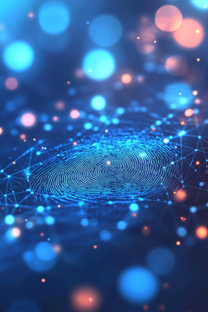 Abstract Blue Technology Background. Fingerprint, Network Security Concept, Glowing Particlesの素材
