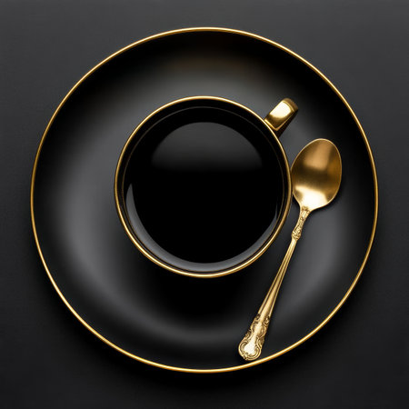 Black Cup of Coffee with Golden Spoon on a Black Plate Against a Black Background, Elegant Top Viewの素材