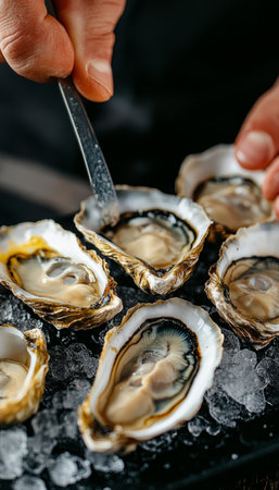 Chef Preparing Fresh Oysters on Ice, Gourmet Seafood Dining Experience. Delicious Appetizerの素材