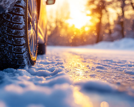 Close-Up of Car Tire on Snow Covered Road During Sunset Winter Driving Safety and Transportation.の素材