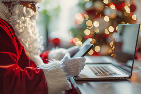 Santa Claus Uses Laptop and Smartphone with Christmas Tree Background, Preparing for Holidays.の素材