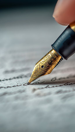 Elegant Gold Fountain Pen Writing on Paper, Close Up View, Luxury Writing Instrumentの素材