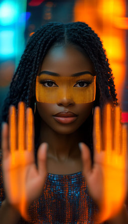 Young Woman With Braided Hair and Futuristic Visor Posing With Hands Up in Neon Lightsの素材