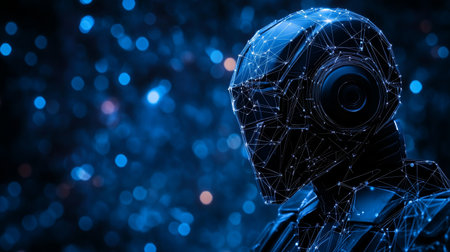 Futuristic Cyborg Silhouette with Glowing Grid Pattern in Digital Space Exploration Theme, 3D Renderの素材
