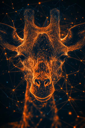 Digital Giraffe on Orange Technology Background. Abstract Wildlife, Connected Dots, Trianglesの素材
