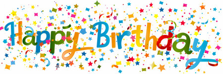 Colorful Happy Birthday Greeting Surrounded by Festive Confetti on White Backgroundの素材