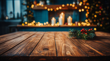 Rustic Wooden Table with Christmas Decoration, Blurred Background with Xmas Lights and Candlesの素材