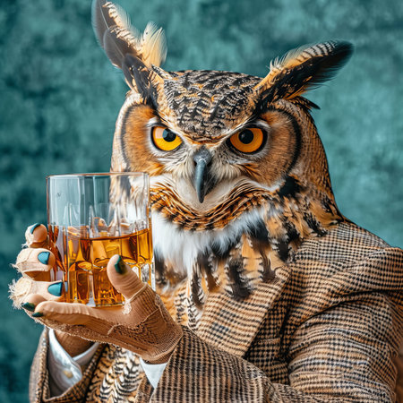 Contemplative Owl in Tweed Suit Sits Pensively With a Glass of Whiskey, Studio Portraitの素材