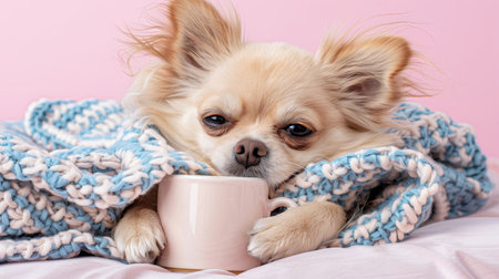 Adorable Chihuahua Puppy Relaxing, Wrapped in Knitted Blanket, Finding Comfort with Warm Beverageの素材