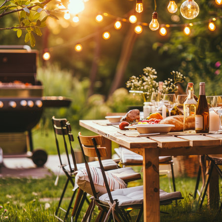 Rustic Outdoor Summer Feast Table Setting with Food, Wine, and Grill at Sunset Backyard Celebrationの素材