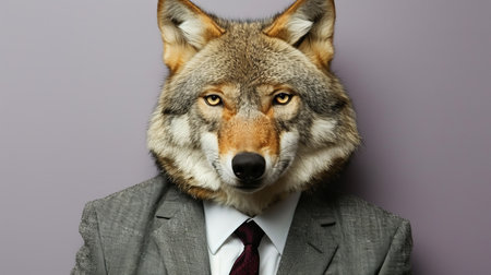 Corporate Wolf Anthropomorphic Portrait of a Wolf in a Business Suit, Lavender Backgroundの素材