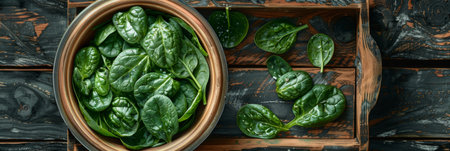 Fresh Organic Baby Spinach Leaves in Rustic Wooden Bowl on Dark Background, Healthy Eating Conceptの素材