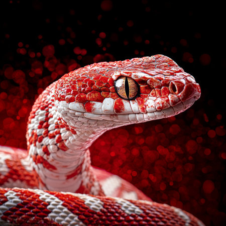 Red Viper Snake Close-Up Portrait on a Red Background, Wildlife Photography, Venomous Reptileの素材