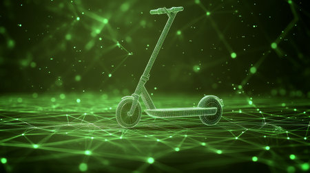 Digital Scooter On Green Technology Background, Abstract Icon In Lines And Connected Dotsの素材