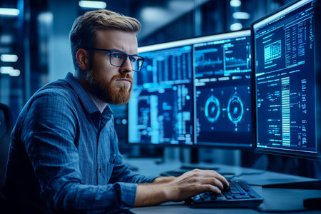 Serious IT Developer Working Late, Cybersecurity Threat Detection in a Dark Office Settingの素材