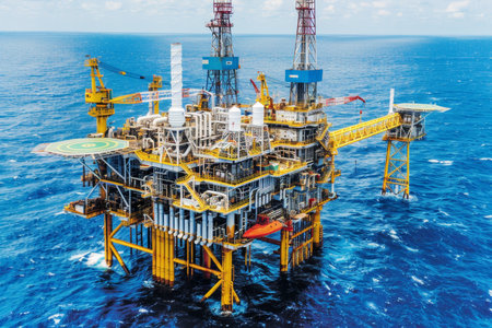 Offshore oil and gas wellhead platform supplying raw materials to refineries and power generationの素材