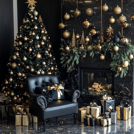 Black and gold Christmas decor with Christmas tree armchair and lot of gifts. New Years interior.の素材