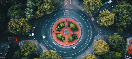 Aerial View of a Roundabout with Lush Greenery, Busy Traffic Flow, and Surrounding Urban Environmentの素材