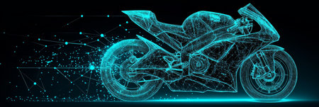 Neon Glowing Geometric Network Wireframe Model Of Sport Racing Motorcycle Bike On Black Backgroundの素材