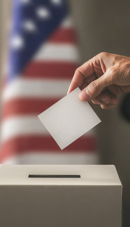 American Citizen Casting Vote in Ballot Box, Exercise Democracy Rights with USA Flag Backgroundの素材