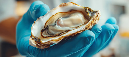 Scientist Examining Open Oyster with Pearl in Laboratory Setting for Scientific Researchの素材