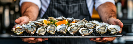 Chef Holding a Platter of Freshly Shucked Oysters with Citrus, Gourmet Seafood Presentationの素材