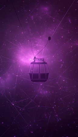 Cable Car Ascending Through a Purple Cloud of Digital Lines, Dots, and Geometric Shapesの素材