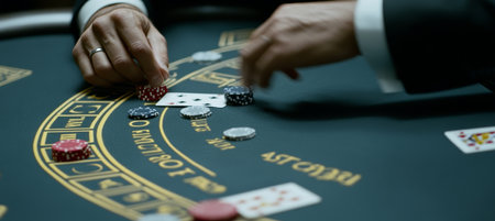 A Close-Up Of Hands Placing Chips On A Casino Table During A Strategic Game Of Cards.の素材